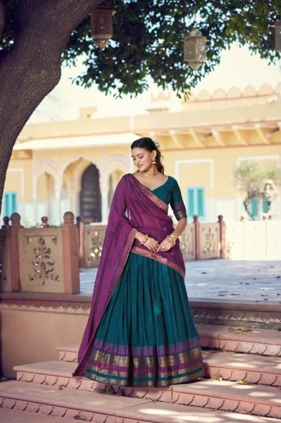 Dynamic Rama Designer Poly Dyeable Lehenga with Zari Woven Border and Dupatta at Whlesale  Half Saree Lehenga