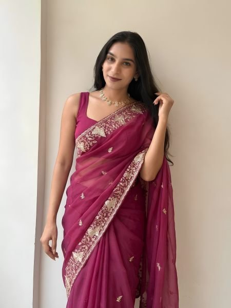 Dynamic Rani Pink Georgette Saree with C-Pallu Embroidery and Cutwork Detailing