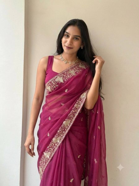 Dynamic Rani Pink Georgette Saree with C-Pallu Embroidery and Cutwork Detailing Georgette Sarees Wholesale