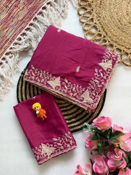 Dynamic Rani Pink Georgette Saree with C-Pallu Embroidery and Cutwork Detailing Georgette Sarees Wholesale