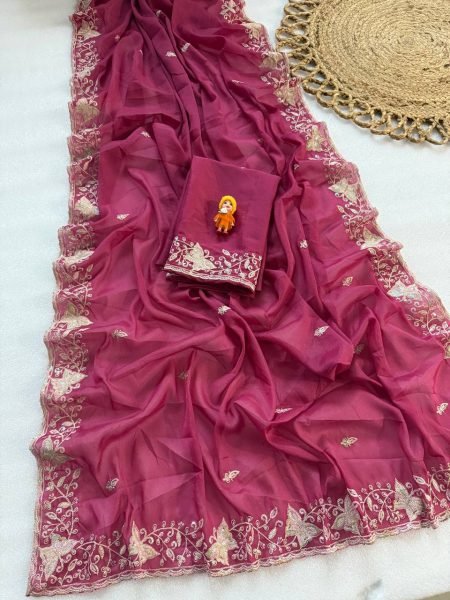 Dynamic Rani Pink Georgette Saree with C-Pallu Embroidery and Cutwork Detailing Georgette Sarees Wholesale