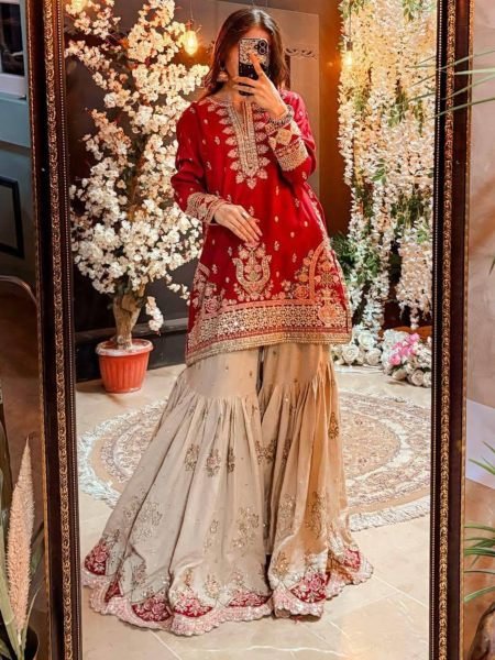 Dynamic Red Designer Faux Georgette Sharara Suit with Reniya Cutting Border at Factory Price 