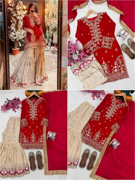 Dynamic Red Designer Faux Georgette Sharara Suit with Reniya Cutting Border at Factory Price Ready To Wear Collection