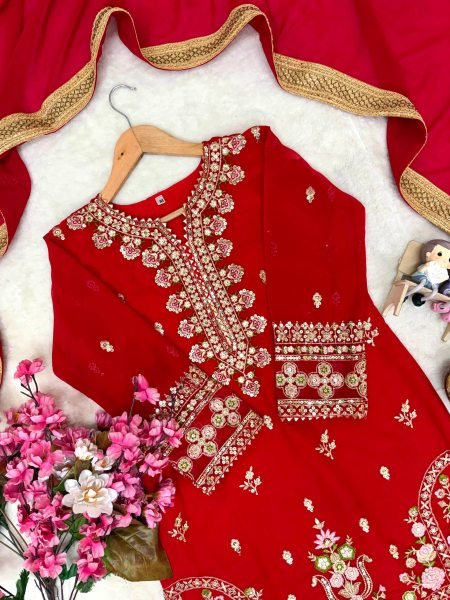 Dynamic Red Designer Faux Georgette Sharara Suit with Reniya Cutting Border at Factory Price Ready To Wear Collection