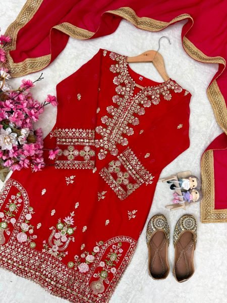 Dynamic Red Designer Faux Georgette Sharara Suit with Reniya Cutting Border at Factory Price Ready To Wear Collection
