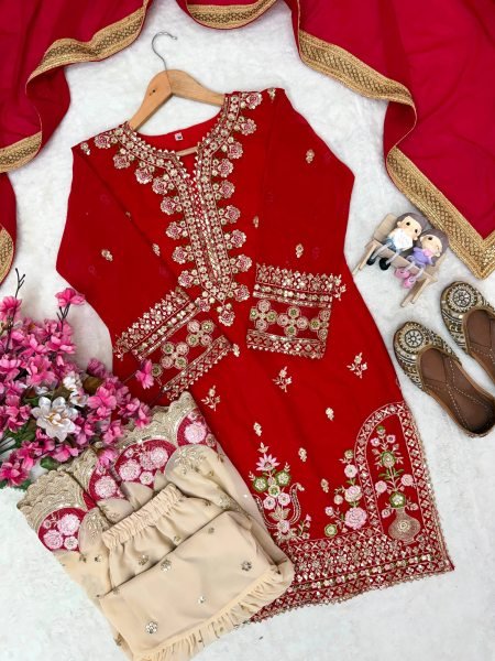 Dynamic Red Designer Faux Georgette Sharara Suit with Reniya Cutting Border at Factory Price Ready To Wear Collection
