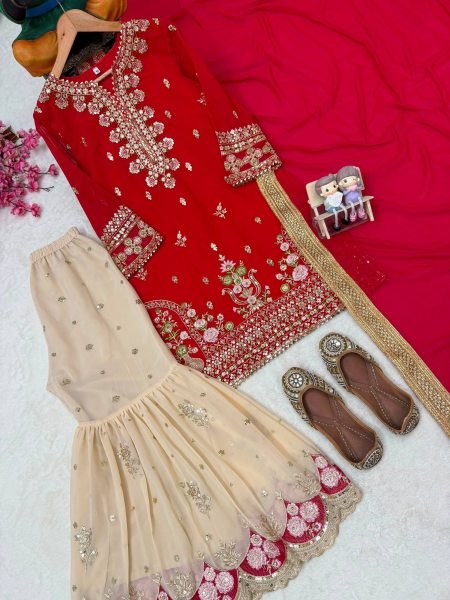 Dynamic Red Designer Faux Georgette Sharara Suit with Reniya Cutting Border at Factory Price Ready To Wear Collection