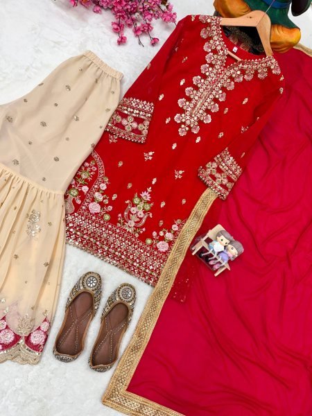 Dynamic Red Designer Faux Georgette Sharara Suit with Reniya Cutting Border at Factory Price Ready To Wear Collection