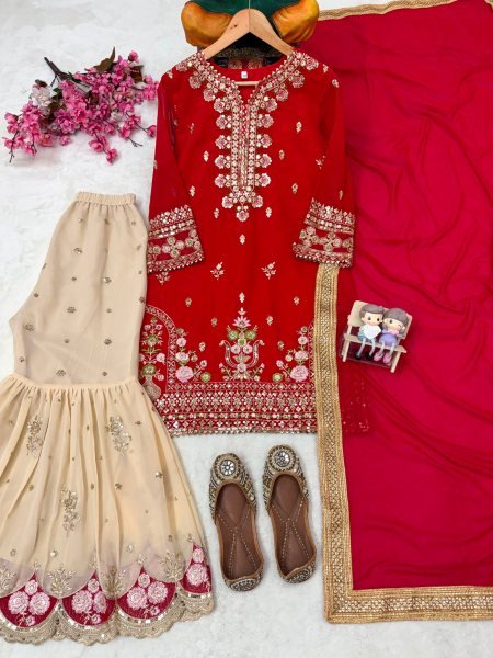 Dynamic Red Designer Faux Georgette Sharara Suit with Reniya Cutting Border at Factory Price Ready To Wear Collection