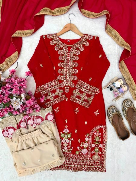 Dynamic Red Designer Faux Georgette Sharara Suit with Reniya Cutting Border at Factory Price Ready To Wear Collection