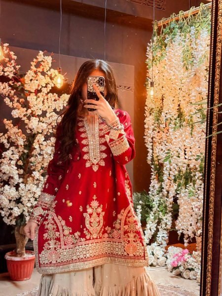 Dynamic Red Designer Faux Georgette Sharara Suit with Reniya Cutting Border at Factory Price Ready To Wear Collection