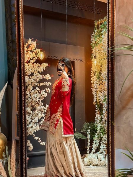 Dynamic Red Designer Faux Georgette Sharara Suit with Reniya Cutting Border at Factory Price Ready To Wear Collection