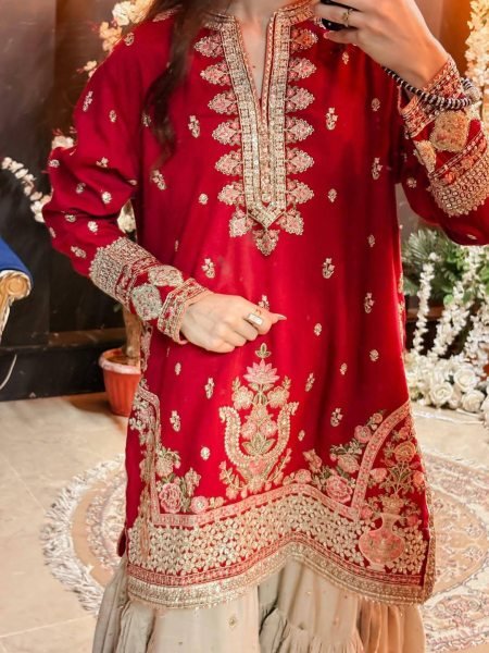 Dynamic Red Designer Faux Georgette Sharara Suit with Reniya Cutting Border at Factory Price Ready To Wear Collection