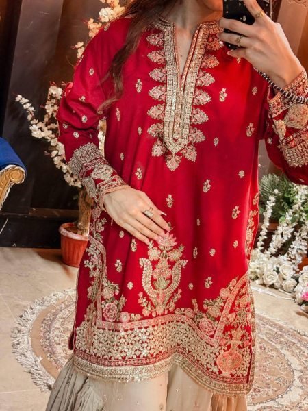 Dynamic Red Designer Faux Georgette Sharara Suit with Reniya Cutting Border at Factory Price Ready To Wear Collection