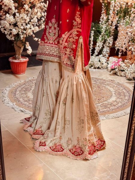 Dynamic Red Designer Faux Georgette Sharara Suit with Reniya Cutting Border at Factory Price Ready To Wear Collection