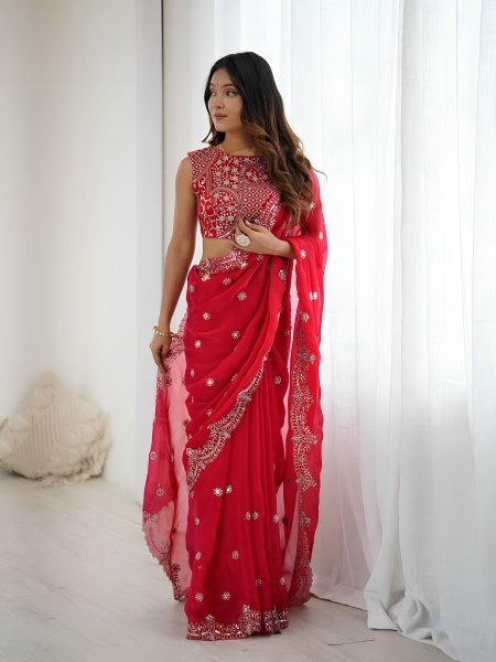 Dynamic Red Designer Fendy Chiffon Saree with Rich Sequins Work at Wholesale Rate Sarees 