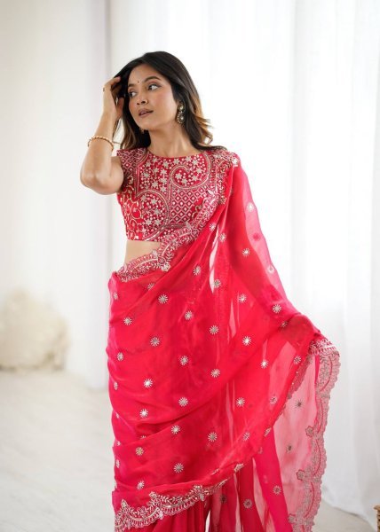 Dynamic Red Designer Fendy Chiffon Saree with Rich Sequins Work at Wholesale Rate Pure Chiffon Sarees Wholesale