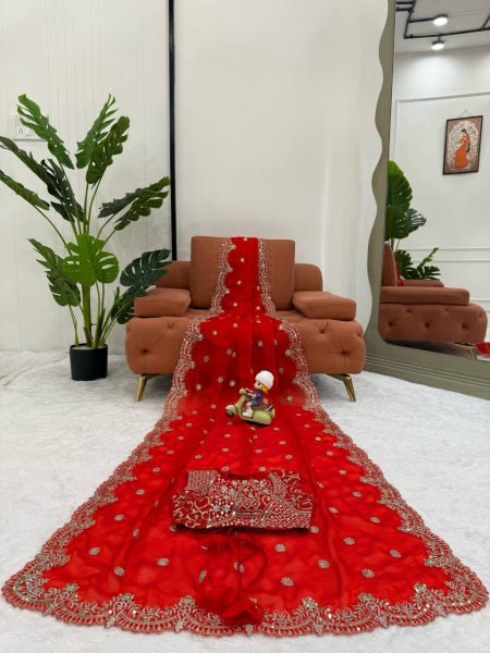 Dynamic Red Designer Fendy Chiffon Saree with Rich Sequins Work at Wholesale Rate Pure Chiffon Sarees Wholesale
