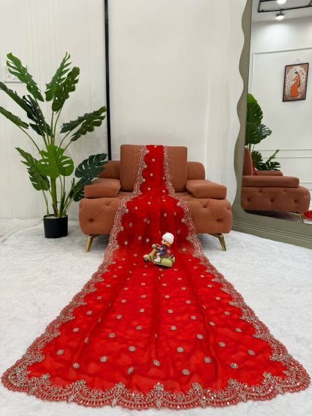 Dynamic Red Designer Fendy Chiffon Saree with Rich Sequins Work at Wholesale Rate Pure Chiffon Sarees Wholesale