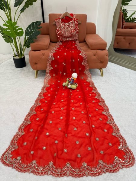 Dynamic Red Designer Fendy Chiffon Saree with Rich Sequins Work at Wholesale Rate Pure Chiffon Sarees Wholesale