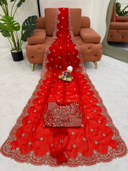 Dynamic Red Designer Fendy Chiffon Saree with Rich Sequins Work at Wholesale Rate Pure Chiffon Sarees Wholesale