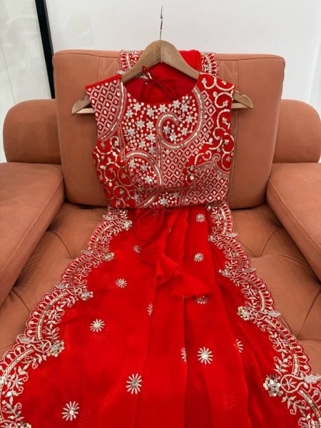 Dynamic Red Designer Fendy Chiffon Saree with Rich Sequins Work at Wholesale Rate Pure Chiffon Sarees Wholesale