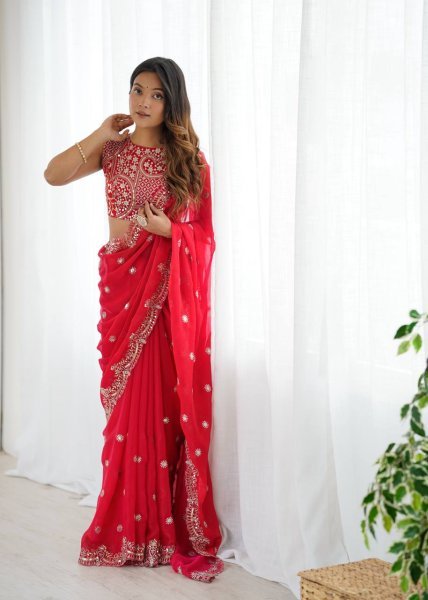 Dynamic Red Designer Fendy Chiffon Saree with Rich Sequins Work at Wholesale Rate Pure Chiffon Sarees Wholesale