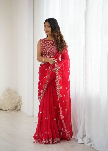 Dynamic Red Designer Fendy Chiffon Saree with Rich Sequins Work at Wholesale Rate Pure Chiffon Sarees Wholesale