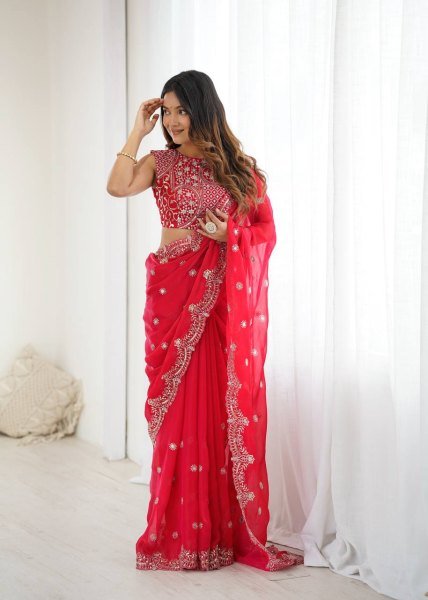 Dynamic Red Designer Fendy Chiffon Saree with Rich Sequins Work at Wholesale Rate Pure Chiffon Sarees Wholesale