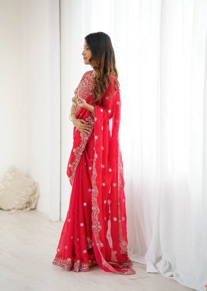 Dynamic Red Designer Fendy Chiffon Saree with Rich Sequins Work at Wholesale Rate Pure Chiffon Sarees Wholesale
