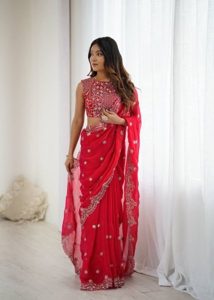 Dynamic Red Designer Fendy Chiffon Saree with Rich Sequins Work at Wholesale Rate Pure Chiffon Sarees Wholesale