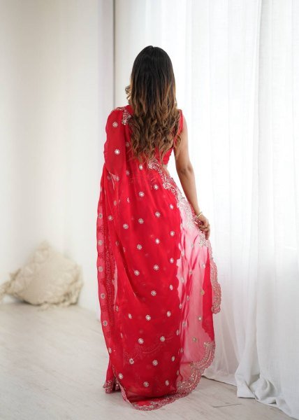 Dynamic Red Designer Fendy Chiffon Saree with Rich Sequins Work at Wholesale Rate Pure Chiffon Sarees Wholesale
