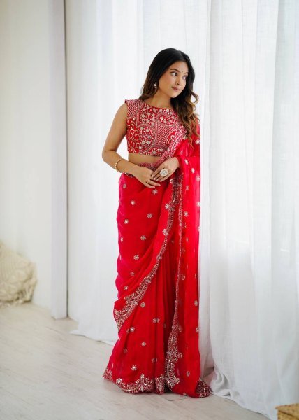 Dynamic Red Designer Fendy Chiffon Saree with Rich Sequins Work at Wholesale Rate Pure Chiffon Sarees Wholesale