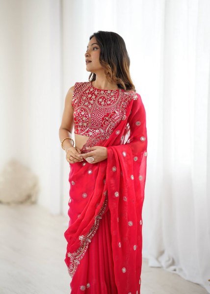 Dynamic Red Designer Fendy Chiffon Saree with Rich Sequins Work at Wholesale Rate Pure Chiffon Sarees Wholesale