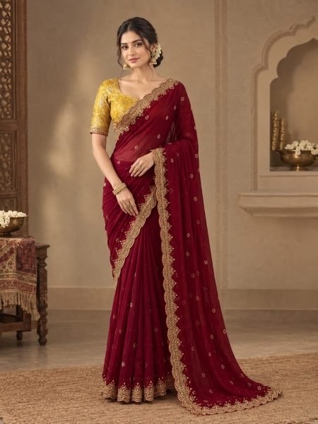 Dynamic Red Designer Georgette Saree with Sequence C Pallu For Wedding 