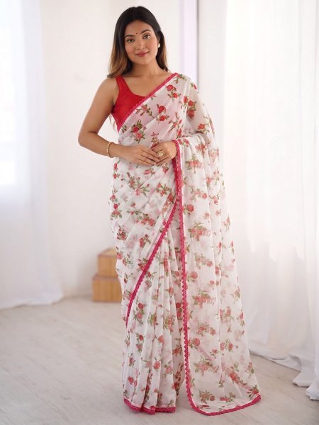 Dynamic Red Heavy Chiffon Saree with Designer Lace Border and Matching Blouse Piece