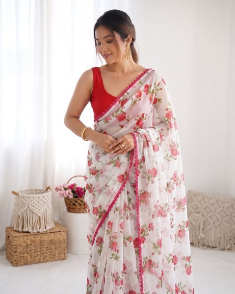 Dynamic Red Heavy Chiffon Saree with Designer Lace Border and Matching Blouse Piece Printed Cotton Sarees Wholesale