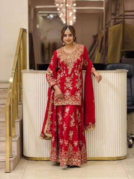 Dynamic Red Heavy Faux Georgette Top Palazzo Dupatta Set For Festival Collection 