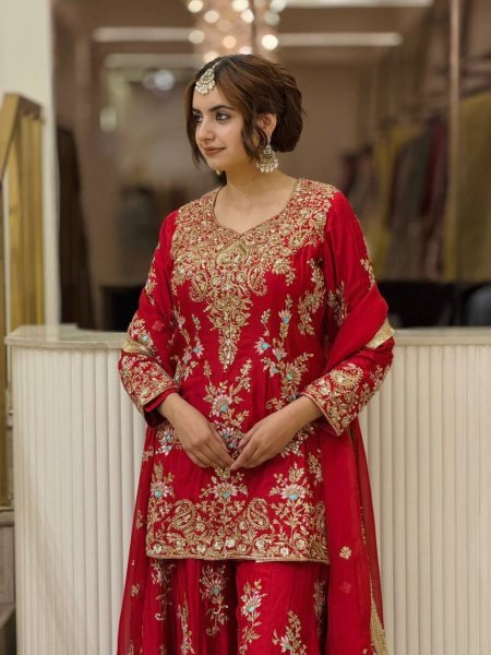 Dynamic Red Heavy Faux Georgette Top Palazzo Dupatta Set For Festival Collection Ready To Wear Collection