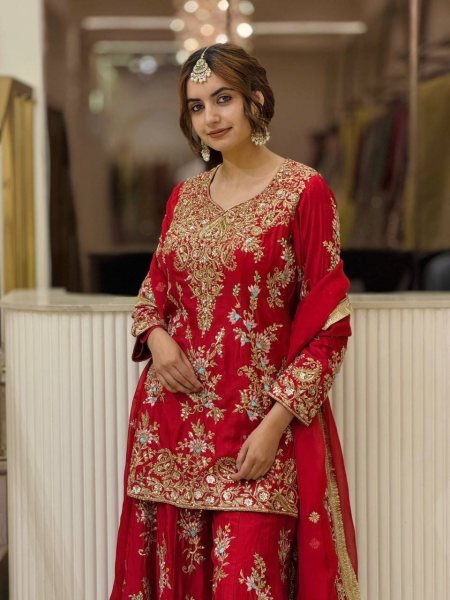 Dynamic Red Heavy Faux Georgette Top Palazzo Dupatta Set For Festival Collection Ready To Wear Collection