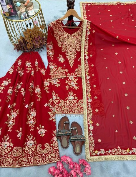 Dynamic Red Heavy Faux Georgette Top Palazzo Dupatta Set For Festival Collection Ready To Wear Collection