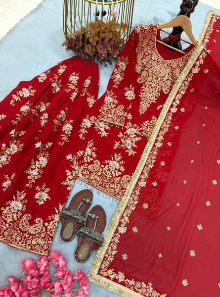 Dynamic Red Heavy Faux Georgette Top Palazzo Dupatta Set For Festival Collection Ready To Wear Collection