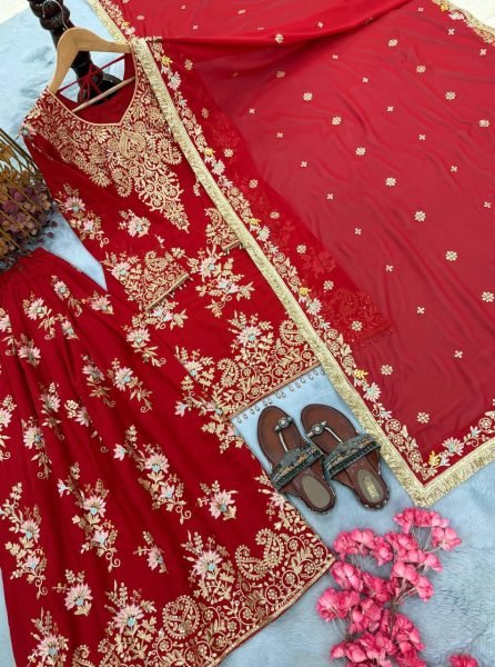 Dynamic Red Heavy Faux Georgette Top Palazzo Dupatta Set For Festival Collection Ready To Wear Collection