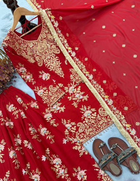 Dynamic Red Heavy Faux Georgette Top Palazzo Dupatta Set For Festival Collection Ready To Wear Collection
