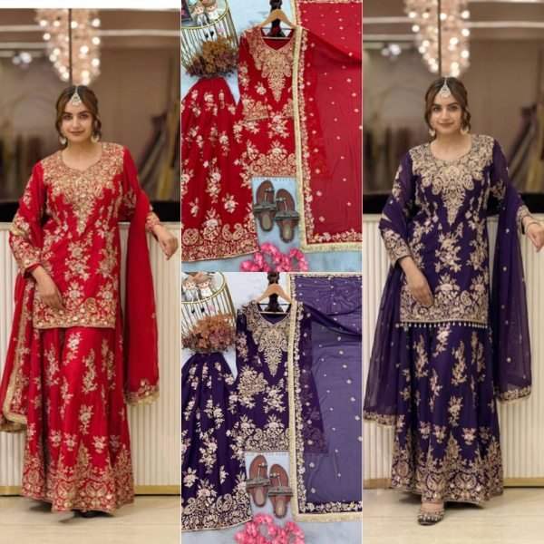 Dynamic Red Heavy Faux Georgette Top Palazzo Dupatta Set For Festival Collection Ready To Wear Collection