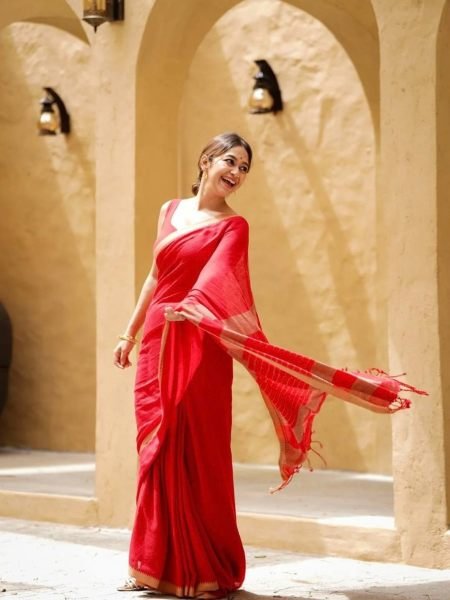 Dynamic Red Linen Cotton Printed Saree with Digital Print Blouse Piece at Manufacturer  Sarees 