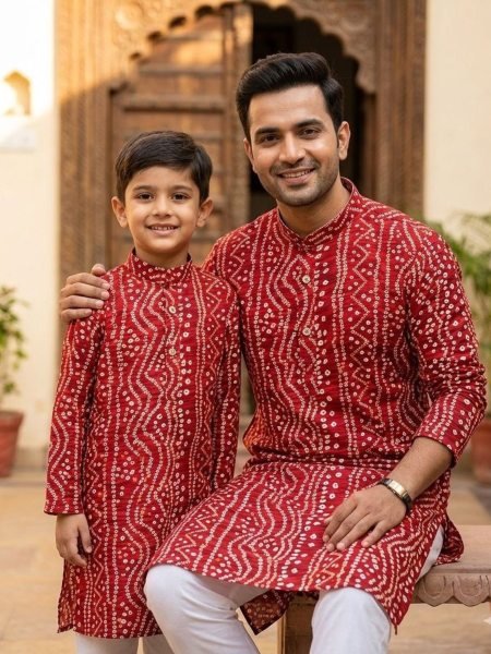 Dynamic Red Printed Cotton Kurta Set for Men and Kids Combo for Family Functions 