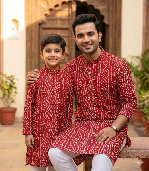 Dynamic Red Printed Cotton Kurta Set for Men and Kids Combo for Family Functions Father Son Collection 