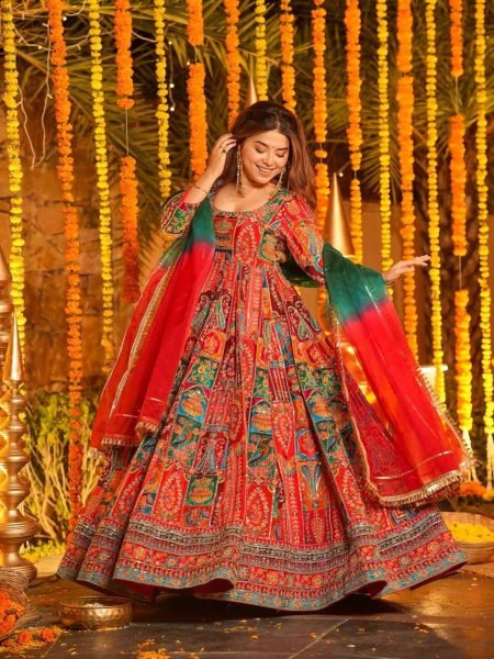 Dynamic Red Pure Original Crepe Gown Pant Dupatta Set with Heavy Embroidered Work Ready To Wear Suit