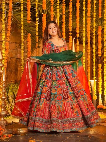 Dynamic Red Pure Original Crepe Gown Pant Dupatta Set with Heavy Embroidered Work Ready To Wear Collection